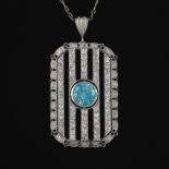 Ladies' Edwardian Platinum, Blue Zircon and Diamond Pendant on Platinum Chain