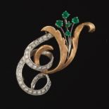 Retro Gold, Diamond, and Emerald Brooch