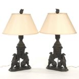 Pair of French Empire Style Bronze Mixed Metals Gryphon Lamps with Silk Shades