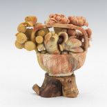 Chinese Carved Hardstone Basket with Fruits/Vegetables and Flowers on Stand, in Presentation Box