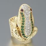 Large Gold, Diamond, Emerald, and Ruby Frog Ring