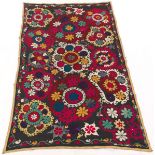 Semi-Antique Uzbek Suzani Silk Hand Embroidery on Linen Wall Tapestry/Drapery