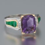 Ladies' Two Tone Gold, Amethyst, Emerald and Diamond Cocktail Ring