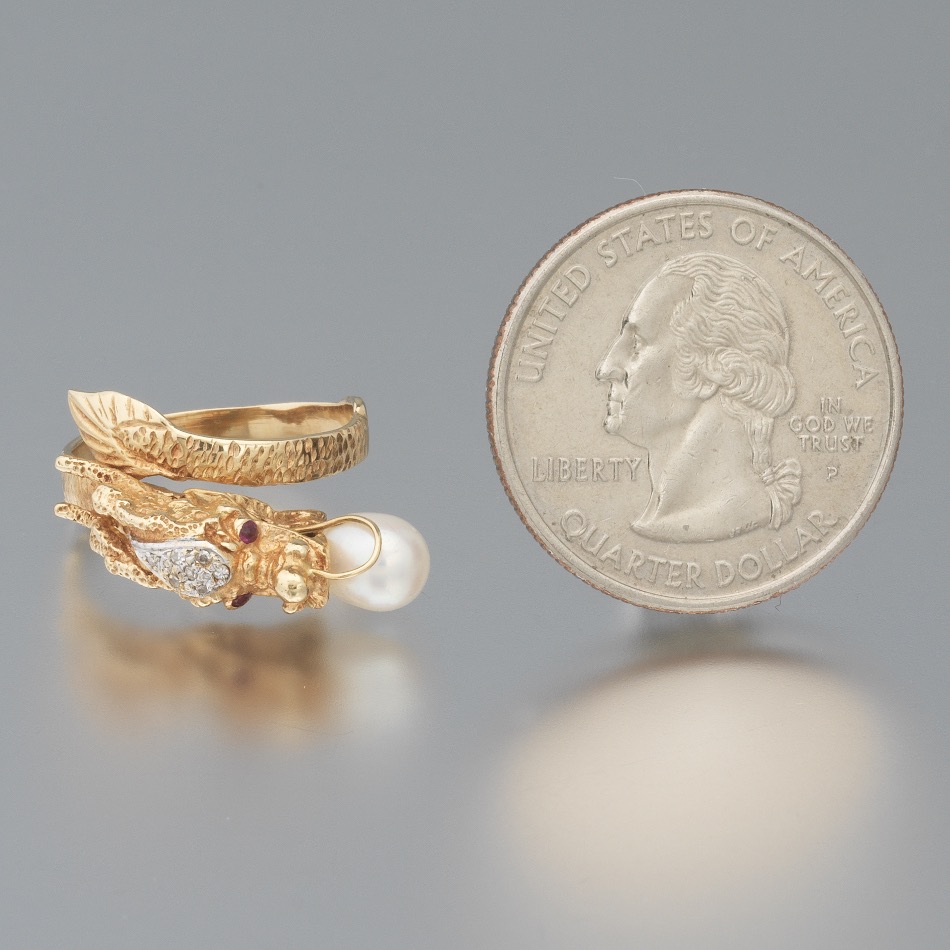 Ladies' Gold, Diamond, Ruby and Pearl Dragon with Pearl of Wisdom Ring - Image 3 of 7