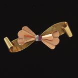 Ladies' Retro Tri-Color Gold, Diamond and Ruby Bow Scroll Pin/Brooch/Slider
