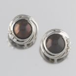 A Pair of White Gold and Brown Pearl and Diamond Earrings