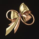 Ladies' Retro Tri-Color Gold, Diamond and Ruby Large Bow Pin/Brooch/Slider