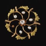 Ladies' Art Nouveau Rose and Green Gold, Diamond and Seed Pearl Pin/Brooch