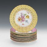 Nine German Dresden Porcelain Hand Painted Reticulated Dessert Plates