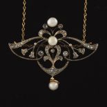 Ladies' Art Nouveau Gold Topped with Silver, Rose Cut Diamond and Pearl Pin Brooch on Gold Chain Ne