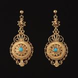 Ladies' Etruscan Revival Gold and Turquoise Pair of Dangle Earrings