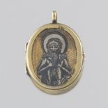 Russian Silver-Gilt and Enamel Personal Icons Locket, Mother of God with Baby Jesus and St. Pantele