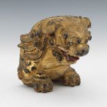 Chinese Antique Carved Light Wood, Pigment and Gilt Foo Lion Terminal, Qing Dynasty