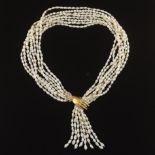 Ladies' Two-Tone Gold, Diamond, Ruby and Pearl Eight-Strand "Queen's Hand" Necklace