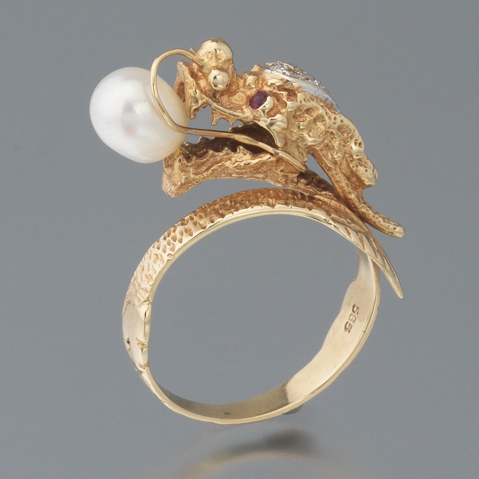 Ladies' Gold, Diamond, Ruby and Pearl Dragon with Pearl of Wisdom Ring