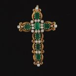 Ladies' Renaissance Revival Gold, Emerald and Diamond Cross Pendant/Pin/ Brooch