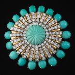Impressive Carved Turquoise and Diamond Brooch