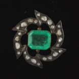 Early Victorian Gold Topped with Silver, Emerald and Rose Cut Diamond Pin Brooch