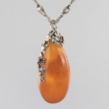 Ladies' Sterling Silver and Golden Amber Oversize Pendant Necklace