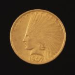 1907 $10 Indian Head Wire Edge Gold Coin, designed by Augustus Saint Gaudens