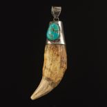 Prehistoric Fossilized Ursus Spelaeus (Cave Bear) Tooth, Sterling Silver and Turquoise Oversized Pe