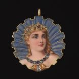Art Nouveau Gold, Rose Cut Diamond, Amethyst and GuillochÃ© Pendant with Miniature Enamel Portrait