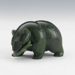 Canadian Carved Green Nephrite Jade Bear with Salmon