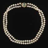 Ladies' Gold, Aquamarine, Blue Sapphire, Diamond and Pearl Two-Strand Necklace