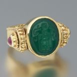 Etruscan Revival Italian Gold, Intaglio Carved Chalcedony and Ruby Armorial Signet Ring