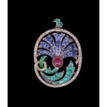 ANTIQUE DIAMOND SAPPHIRE RUBY AND EMERALD THISTLE PENDANT