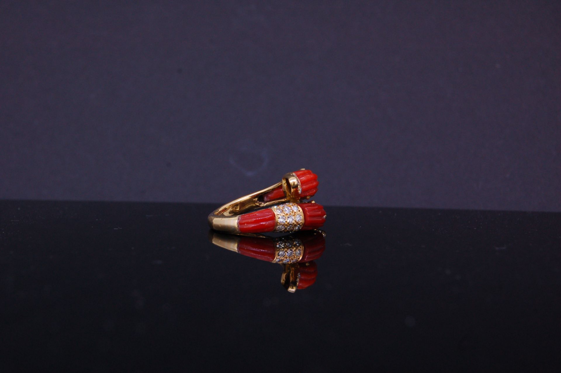 CORAL AND DIAMOND TWIN DOLPHIN CROSS RING - Image 4 of 4