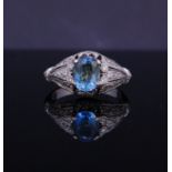 AQUAMARINE AND DIAMOND RING.