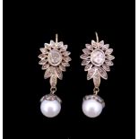 PAIR OF DIAMOND AND CULTURED PEARL DROP EARRINGS