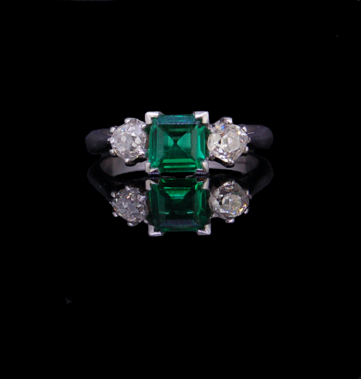 EMERALD AND DIAMOND THREE STONE RING, CERTIFICATED