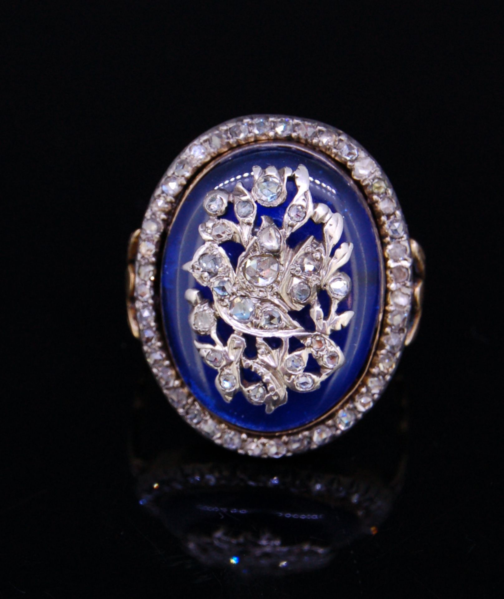 ANTIQUE BLUE GLASS AND DIAMOND RING