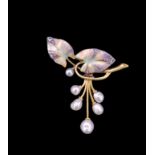 ART-NOUVEAU ENAMEL DIAMOND AND PEARL BROOCH