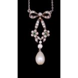 ANTIQUE NATURAL SALTWATER PEARL AND DIAMOND PENDANT