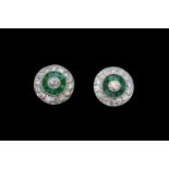 PAIR OF EMERALD AND DIAMOND CLUSTER STUD EARRINGS