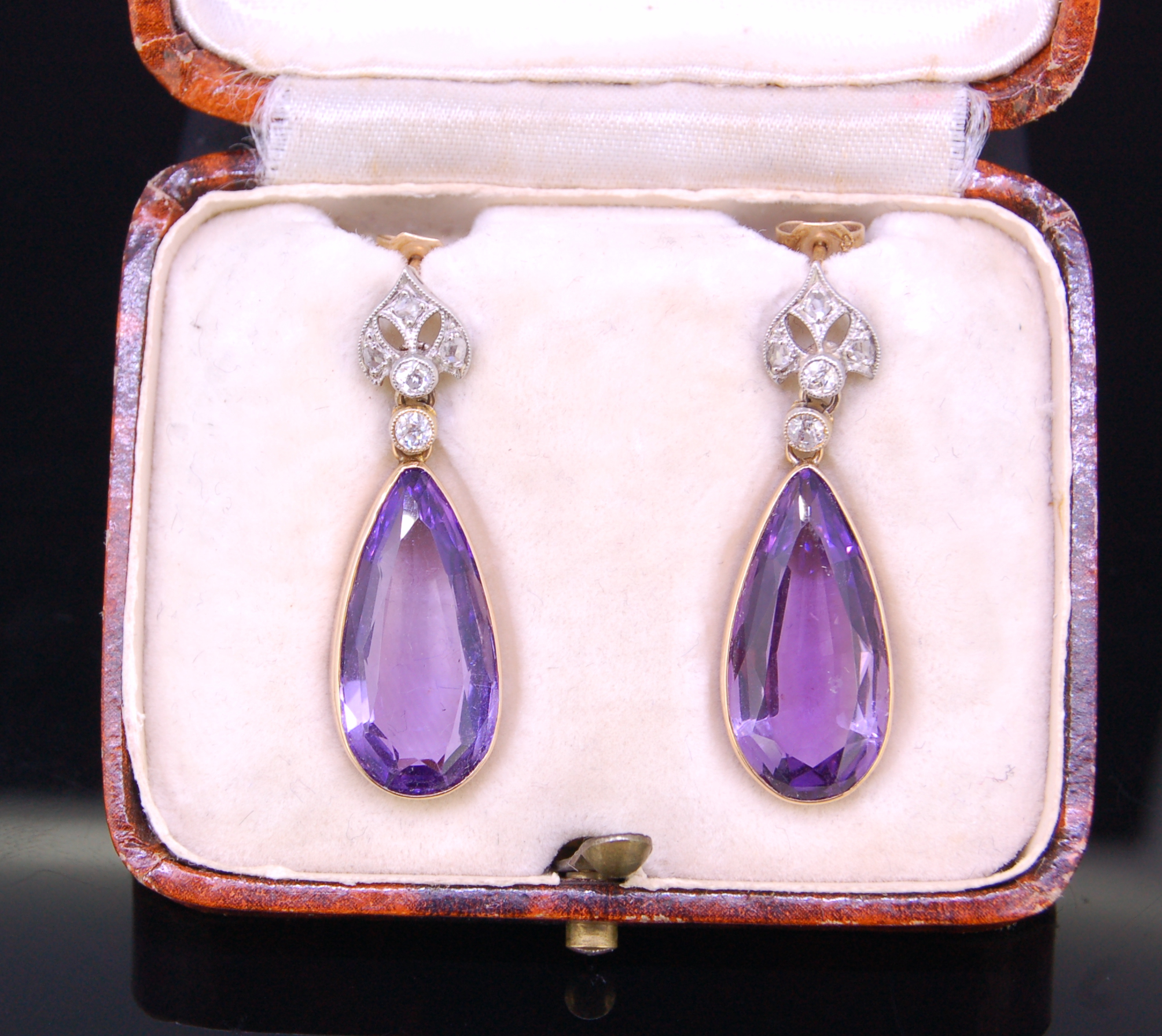 PAIR OF AMETHYST AND DIAMOND DROP EARRINGS. - Image 2 of 2