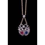 ANTIQUE RUBY SAPPHIRE AND DAIMOND DOUBLE HEART PENDANT NECKLACE