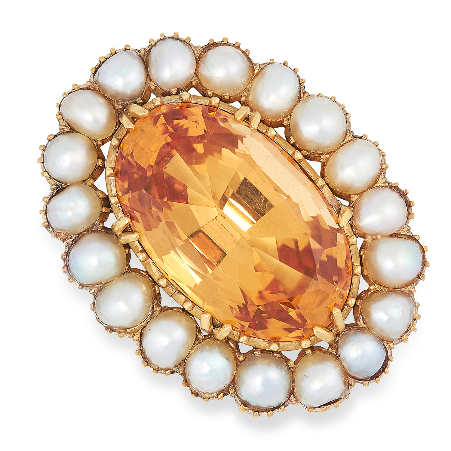 AN ANTIQUE IMPERIAL TOPAZ AND PEARL BROOCH