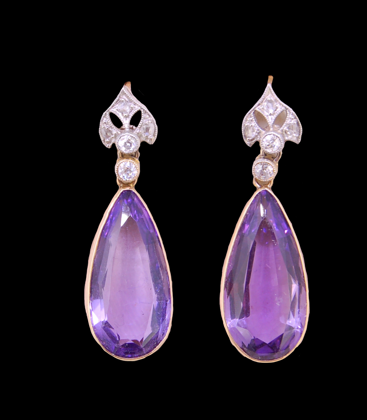 PAIR OF AMETHYST AND DIAMOND DROP EARRINGS.