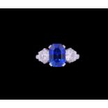 IMPORTANT 3.85 ct SAPPHIRE AND DIAMOND 3-STONE RING