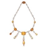 AN ANTIQUE AQUAMARINE, CITRINE AND DIAMOND NECKLACE