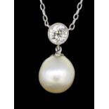 NATURAL SALTWATER PEARL AND DIAMOND PENDANT NECKLACE