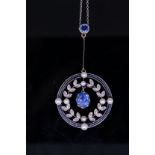 PEARL, SAPPHIRE AND DIAMOND PENDANT