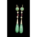 PAIR OF JADE, RUBY AND DIAMOND DROP EARRINGS