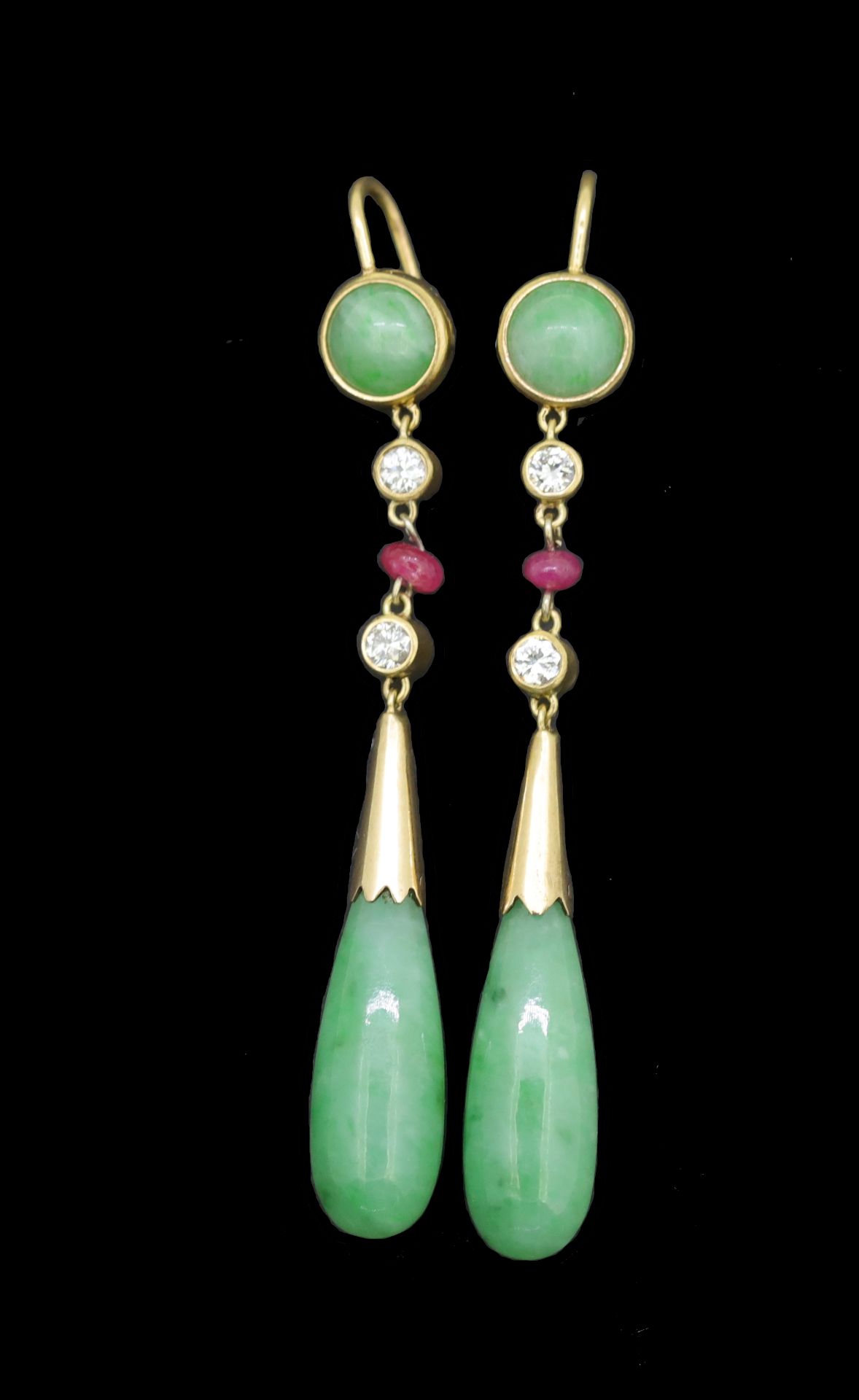 PAIR OF JADE, RUBY AND DIAMOND DROP EARRINGS