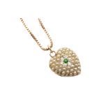 A LATE 19TH CENTURY SEED PEARL, GREEN GARNET AND DIAMOND HEART PENDANT