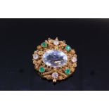 ANTIQUE AQUAMARINE DIAMOND AND EMERALD BROOCH